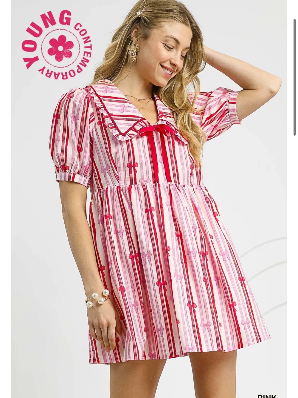 NWT Umgee Pink & Red Striped Puff-Sleeve Mini Dress with Sailor Collar